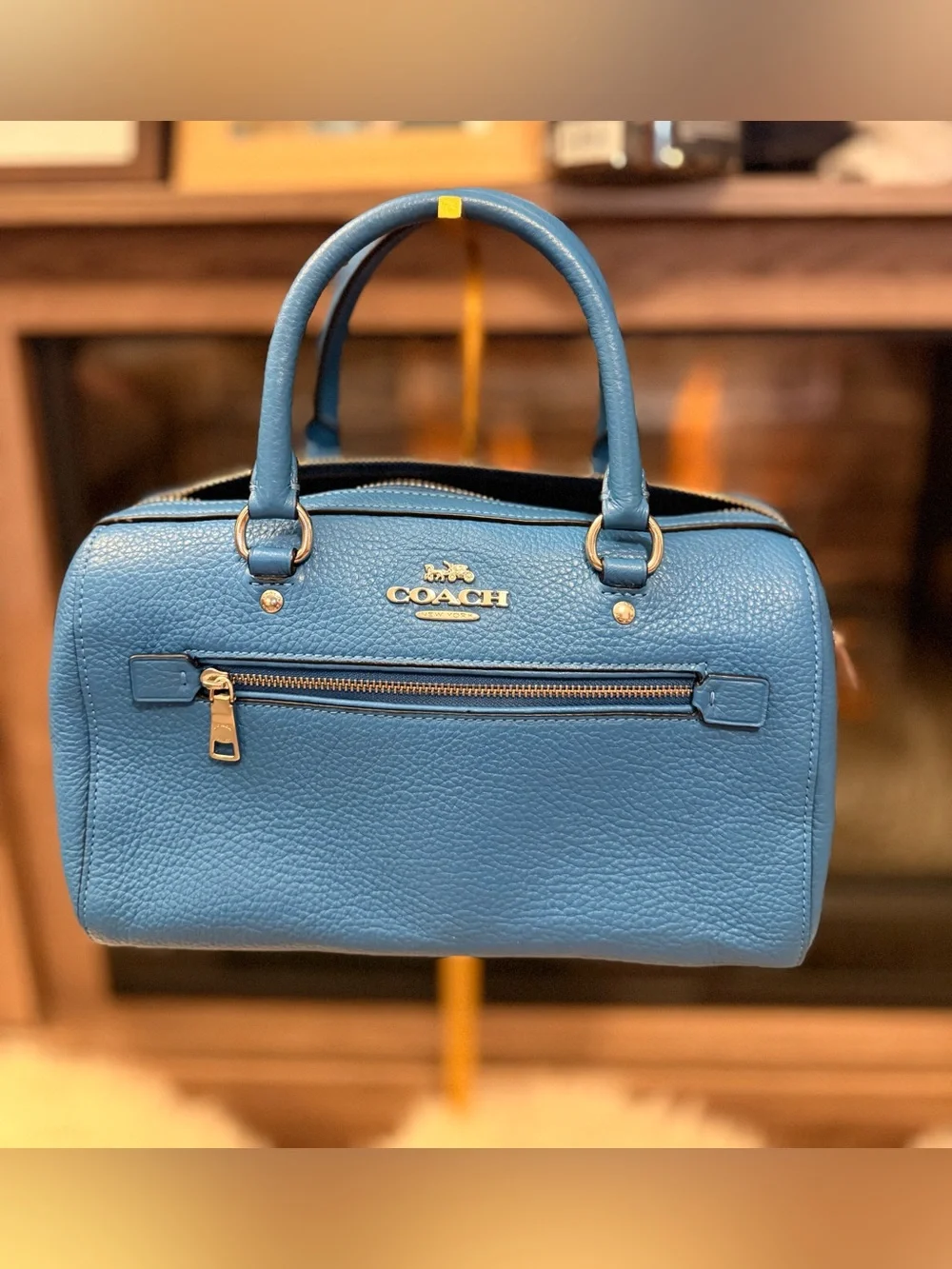 Coach x Peanuts Rowan Blue Leather Satchel with Signature Brown Snoopy Strap